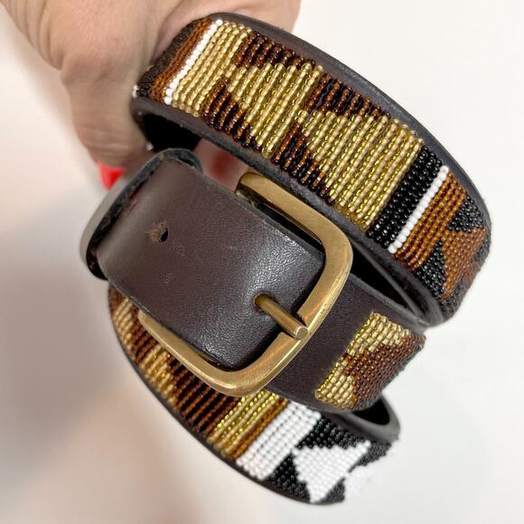 Unique Boho Beaded Folk Artisan Western Global Brown Leather Belt Brass Buckle - Picture 1 of 5